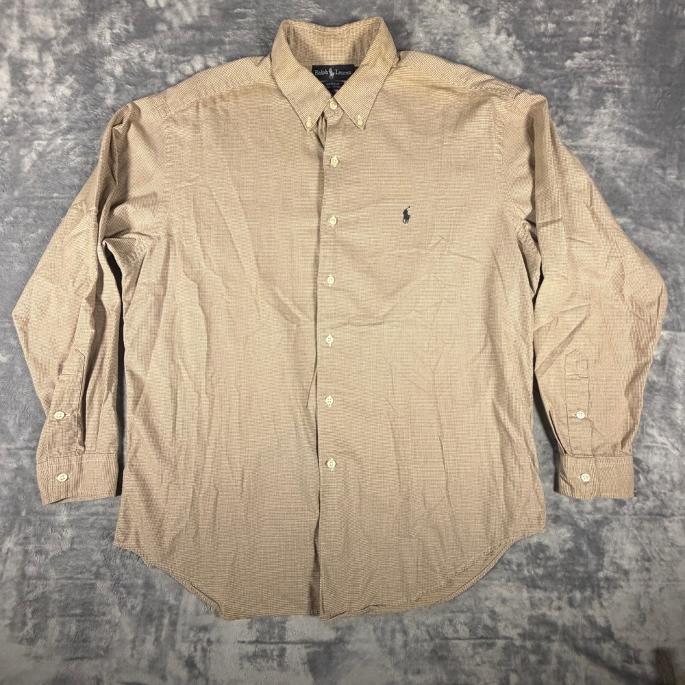 Ralph Lauren Marlowe Shirt Mens L Tan Houndstooth Cotton Button Down Long Sleeve